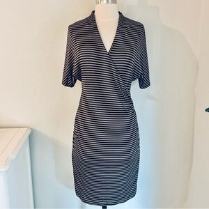 Banana Republic Olive Green Black Stripe Jersey Knit Surplice Shirred Dress